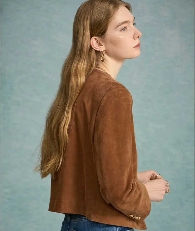 2023 New Genuine Sheepskin Reverse Fleece Round Neck Metal Leather Jacket E22