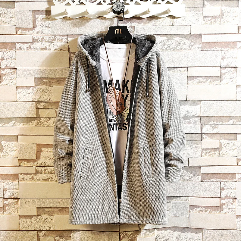 New Plush Thickened Men Chenille Hooded Cardigan Sweater Large Size Windbreaker Medium Length Knitting Jacket Autumn Winter
