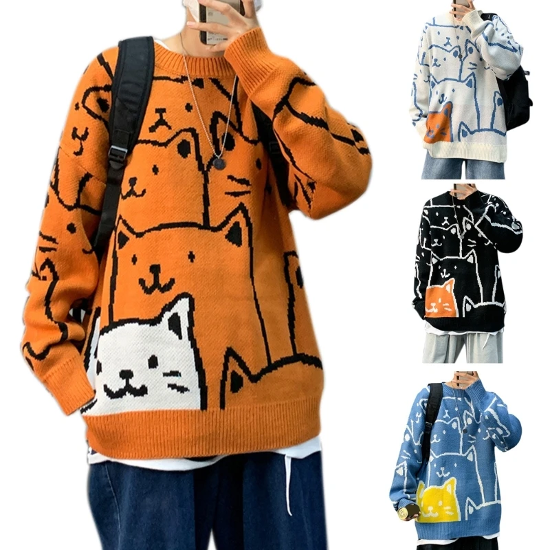 

Mens Oversize Knitted Sweater Print Round Neck Sweater Oversized Sweatshirt Drop shipping