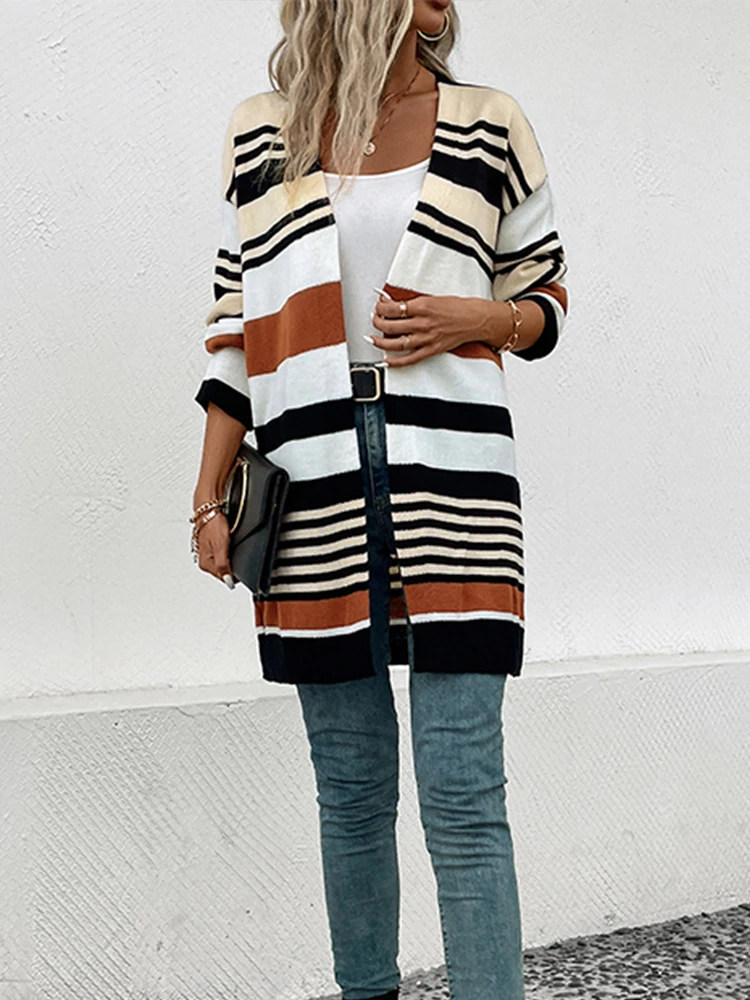 Женский Повседневный Кардиган в полоску Осень-зима
