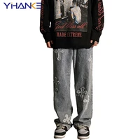 yihanke spring new cross graphic patch jeans street hip hop couple loose casual men and women trousers loose jeans pantalones