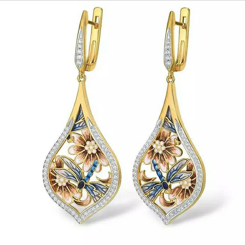 

Classic Fashion Original Design Colorful Dragonfly Dangle Gold Earrings Drip Oil Craft High Jewelry Women's Party Birthday Gift