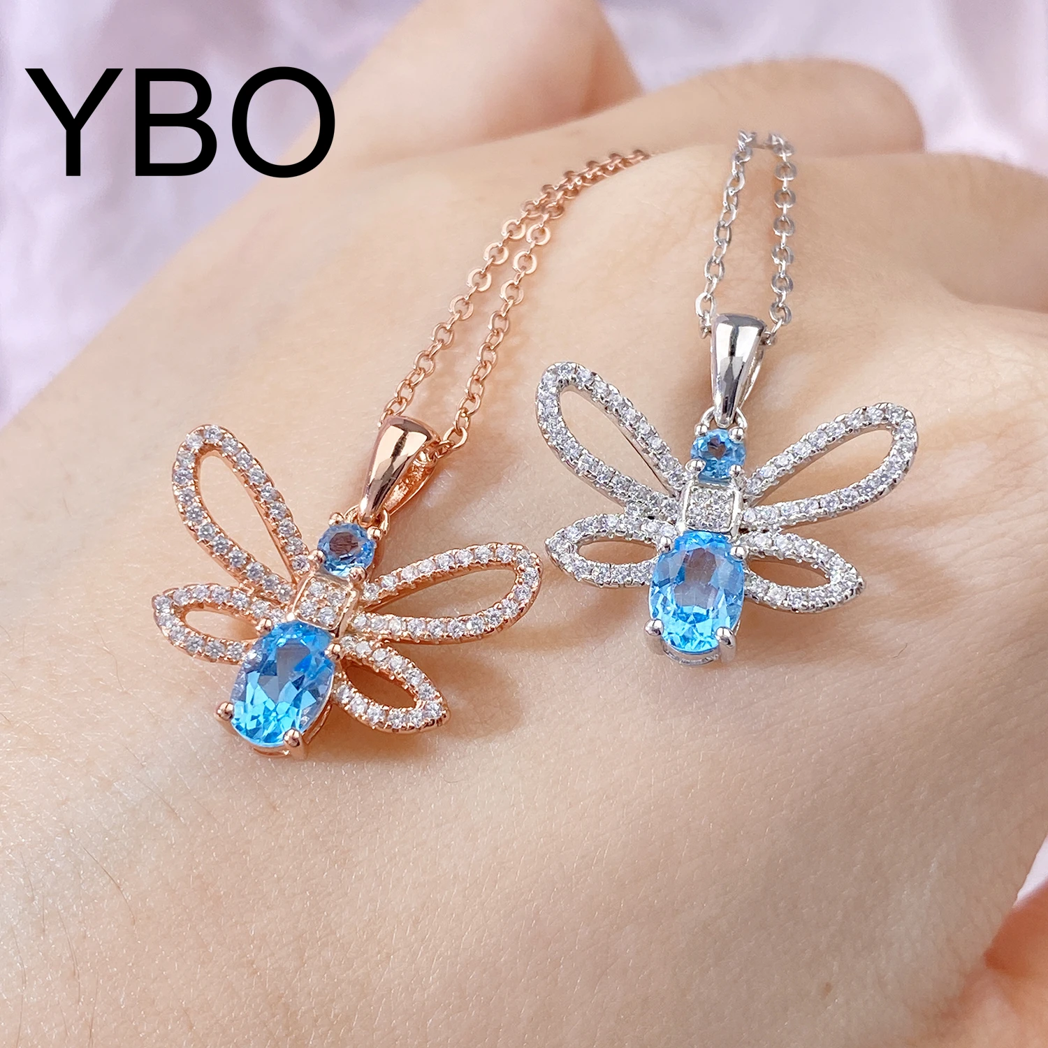 

YBO Cute Animal Bee Pendant Necklaces 925 Sterling Silver Natural Swiss Blue Topaz 4A Cubic Zircon cz Clavicle Chains Jewelry