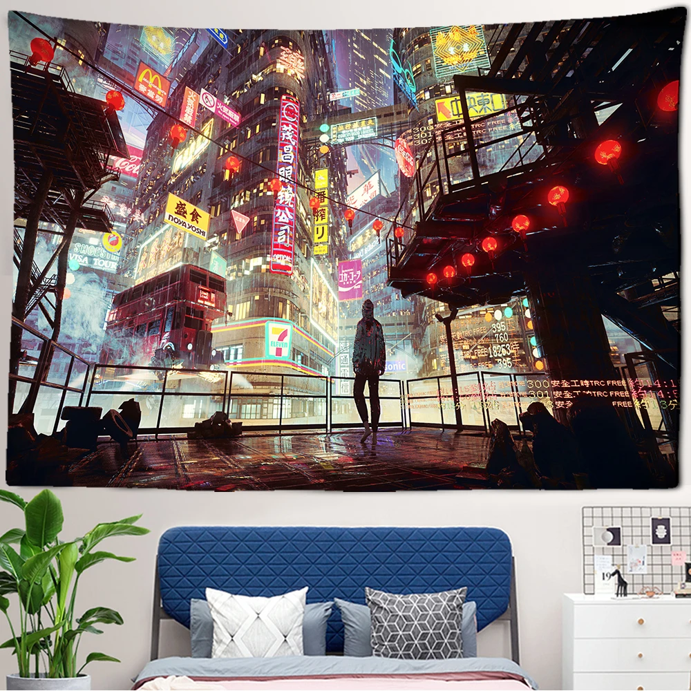 

Japan City Night Scene Tapestry Cyberpunks Future Steam City Tapestry Wall Hanging Psychedelic Hippie Home Bedroom Decorations