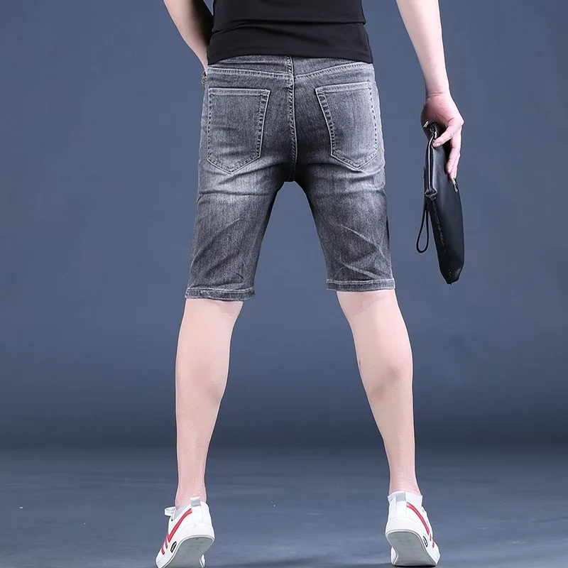 Summer Gray Shorts Men Fashion Side Stripe Printed Jeans Streetwear Casual Regular Straight Denim Shorts