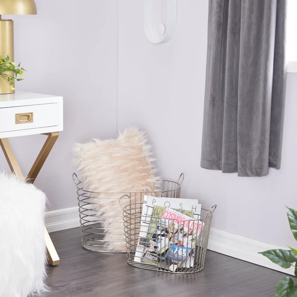 

14", 12"H Silver Metal Storage Basket with Handles, 2-Pieces Storage Organizer