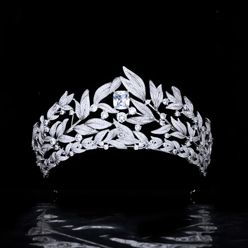 

MYFEIVO Glitter Large Zircon Wedding Crown Layered Leaves Bridal Tiaras Luxury 3A CZ Bride Crown Jewelry HQ0583