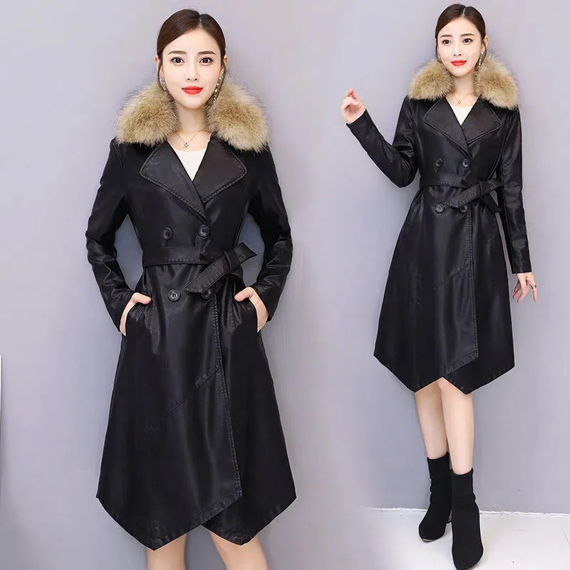 Winter Leather Overcoat Double-Breasted Long Jackets Real Fur Collar Fashion Outerwear Female Waistband PU Leather Windbreaker