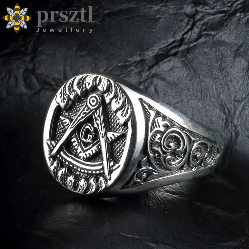 

Prsztl Vintage Handmade 925S Masonic Rings for Men Personality Fashion Index Finger Single Ring Thai Silver Couple Ring Jewelry