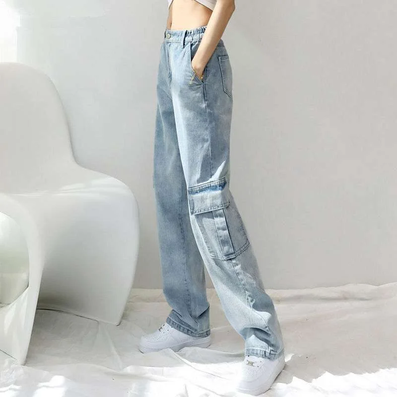 Blue All-match Jeans Woman Casual High Waisted Straight Slim Vintage Wide Leg Denim Pants with Pocket Cargo Pants Office Lady