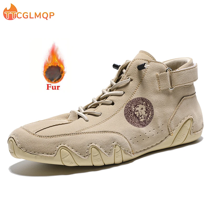 

2023 New Winter Men's Boots Thick Plush Warm Snow Boots Leather Men's Ankle Boots Handmade Western Motorcycle Boots Big Size 50