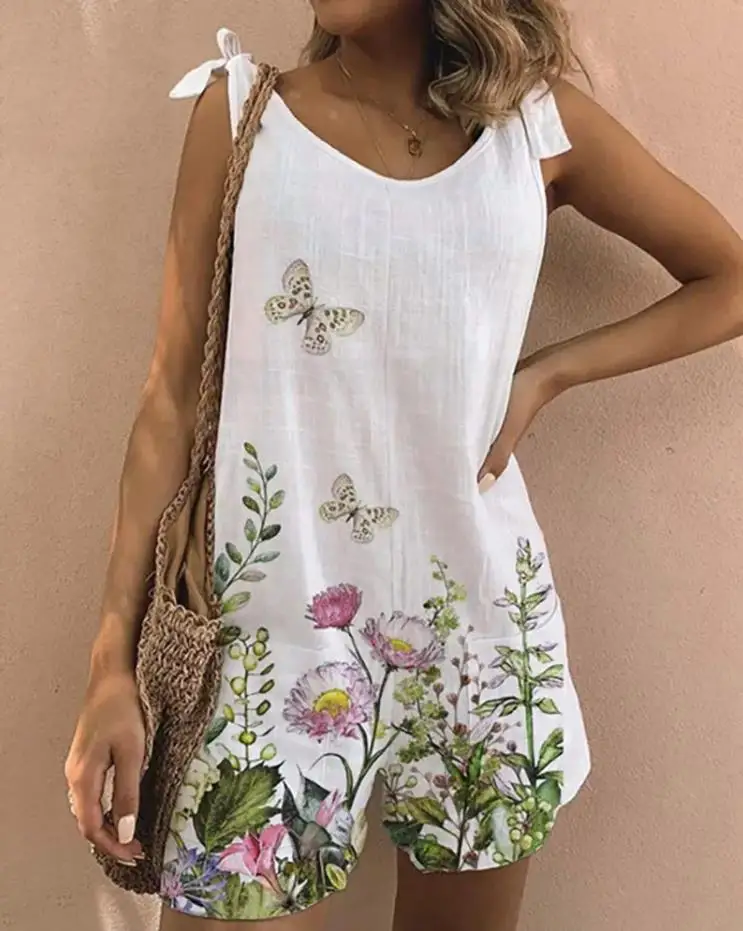 

Jumpsuit Women Short Floral Butterfly Print Tied Detail Romper Fashion Casual One-Piece Elegance Bodysuit Office Beach Wear