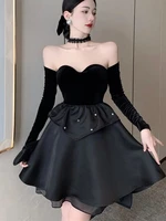 pearl beading mesh patchwork strapless slim waist sexy dresses for women 2022 spring french vintage black party dress vestidos