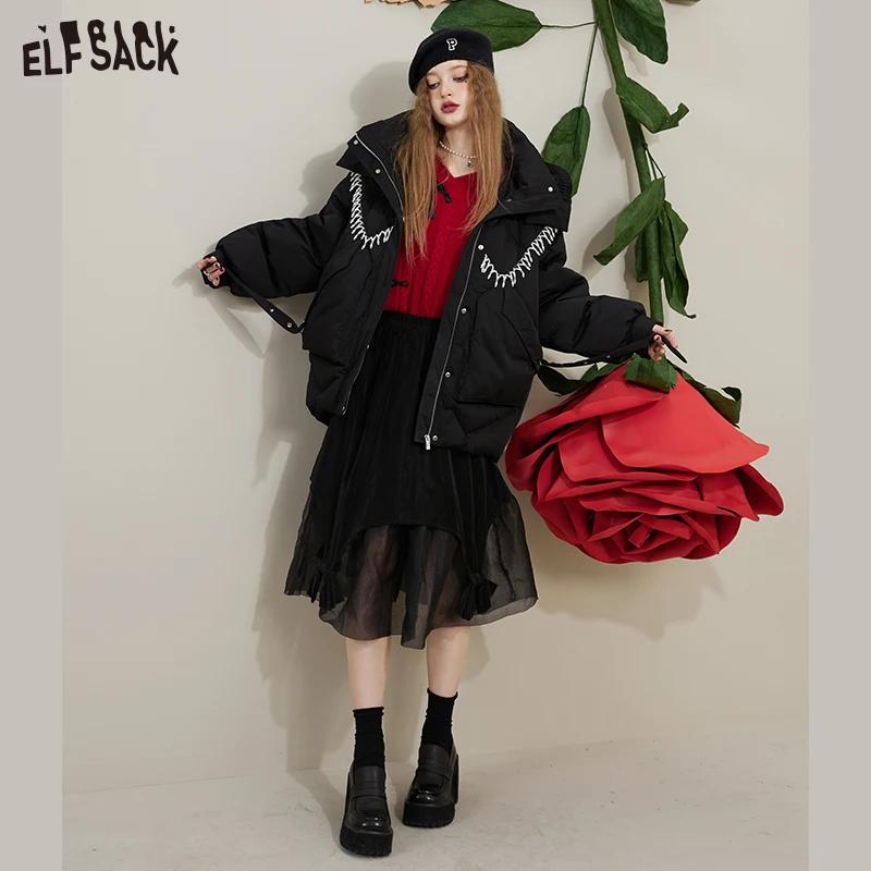 ELFSACK Black Warm Down Coats Women 2022 Winter New Loose Designed Jackets