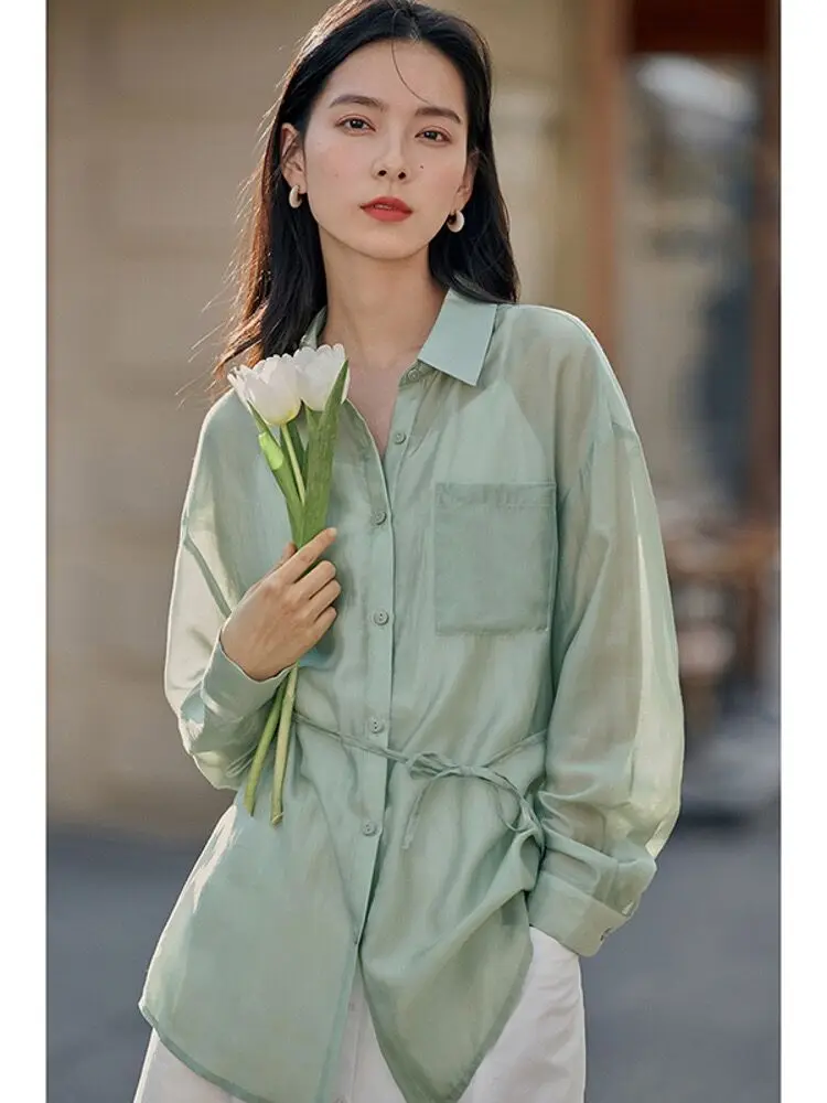 New Fashion Korean style Light and Thin Lyocell Shirt Street Wear Lace up Large Pocket Rayon Sunscreen Top Large size blouse 5XL