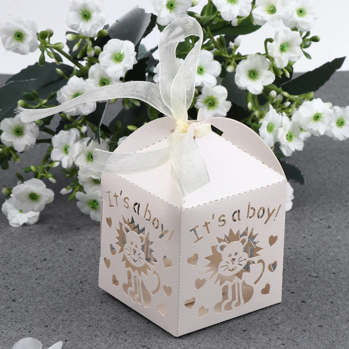 

50pcs Wedding Party Favor Boxes Hollow Out Cut Candy Chocolate Gift Boxes With Ribbon for Wedding Shower Birthday Party ( Beige