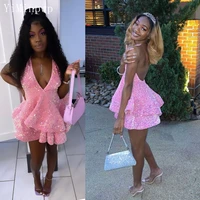 black girls short party dresses 2022 halter backless mini sequined tiered women homecoming prom gowns cocktail birthday dress