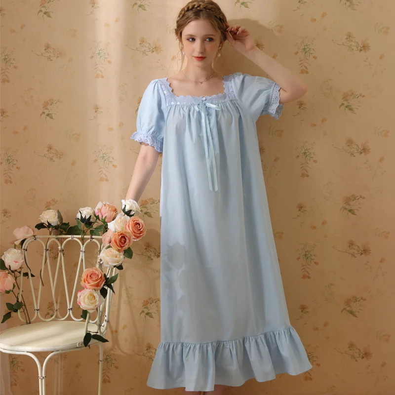 2023 Nightgowns Women Cotton Lace Short Sleeve Nightdress Princess Vintage Retro Sleepshirt Sleepdress Summer Nightwear Pajamas
