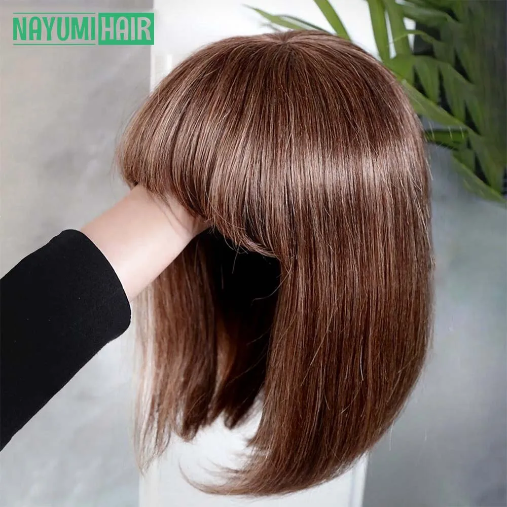 

Glueless Blunt Cut Short Bob Human Hair Wigs with Bangs Fringe Wig Chocolate Brown Colored Straight Hair Bob Wig For Black Women
