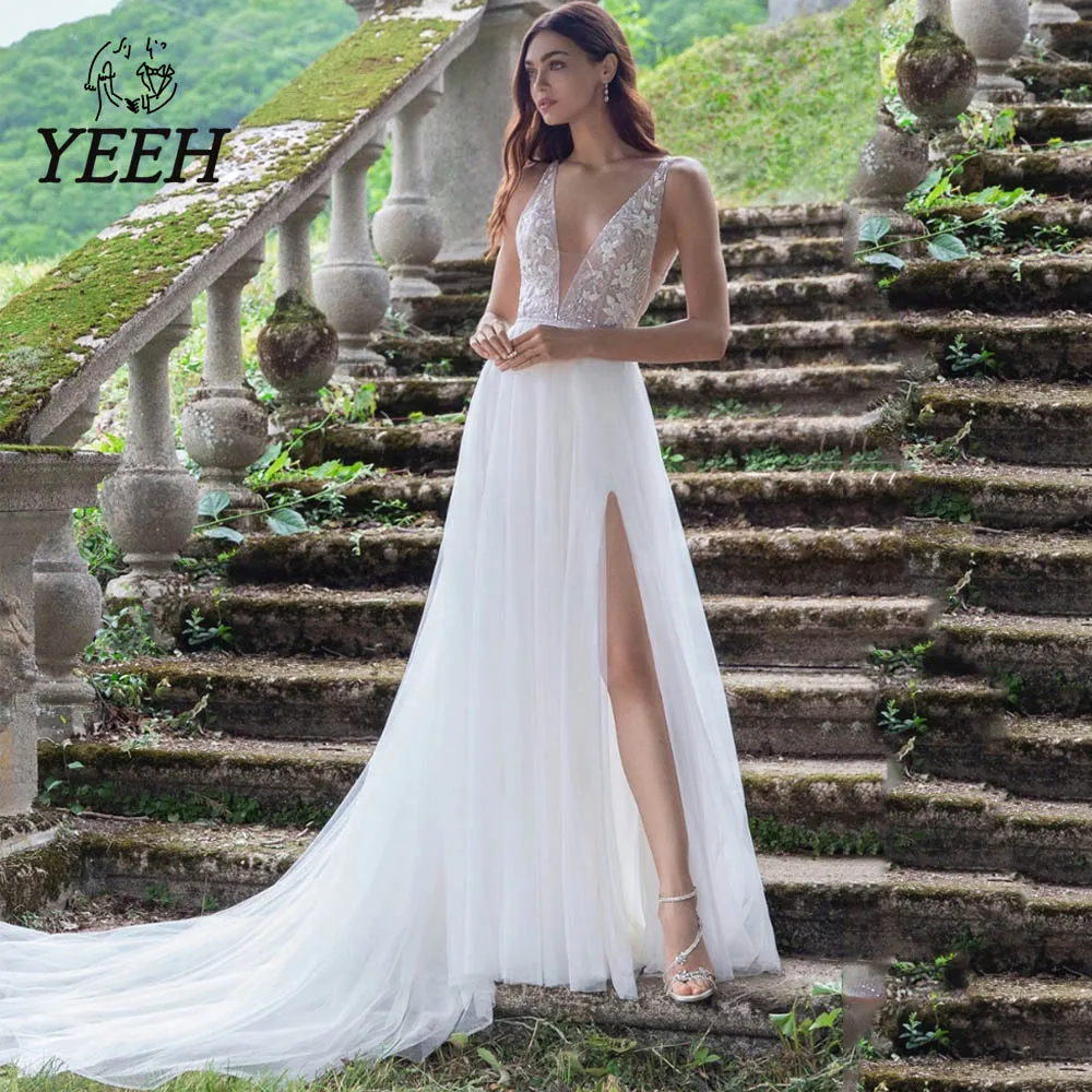 

YEEH Boho V-Neck Sleeeveless Wedding Dresses Sexy Split Side Lace Appliques Bridal Gowns A-Line Sweep Train Vestido De Novia