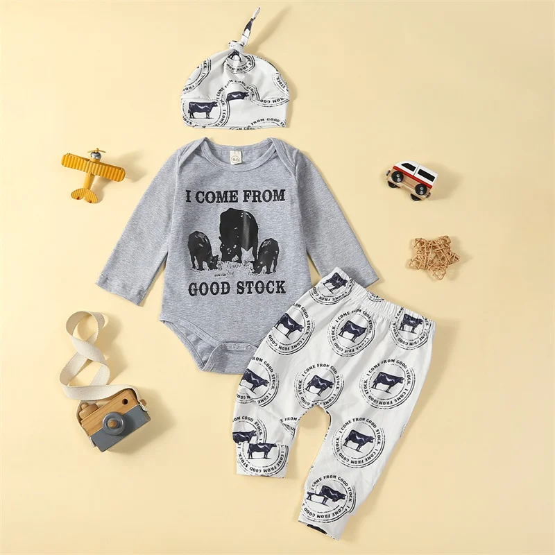 

Baby Boys Girls Fall Outfits Long Sleeve Cow Print Romper + Pants + Hat Set Newborn Clothes