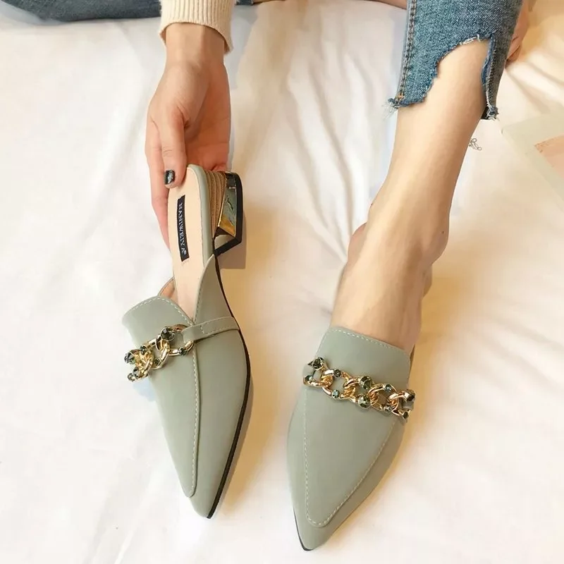 

2022NEW New Chain Mules Women Slides Square Toe Ladies Striped Shoes Summer Fashion Footwear