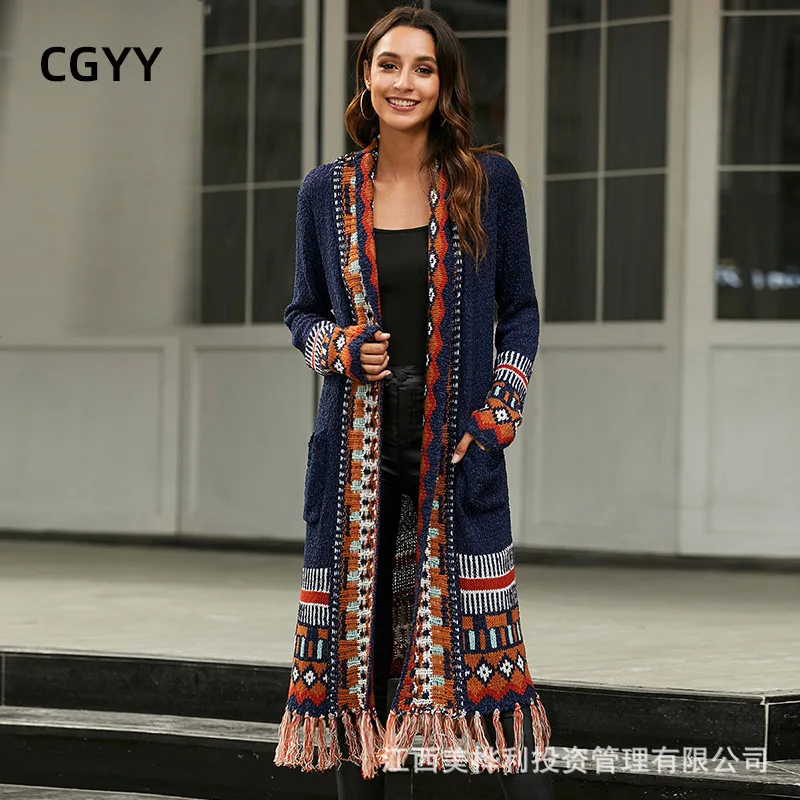 

European and American Spring and Autumn Women's New Retro Tassel Cardigan Jacket Loose Long-sleeved Bohemian Knitted Sweater