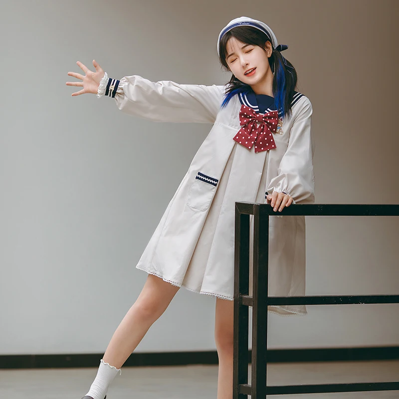 

Japanese Cute Woman Lolita Dress Preppy Style Lolita Sweet Dress Navy Collar Soft Girl Kawaii Long Sleeve OP Dress Cos Loli