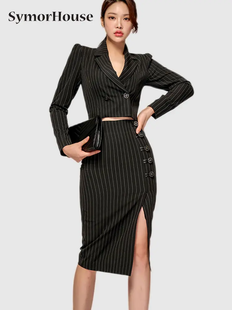 

Spring Autumn Winter Stripes Occupation 2-Piece Suits Women Elegant Blazer & Simple Sheath Pencil Skirts Korean Casual Set