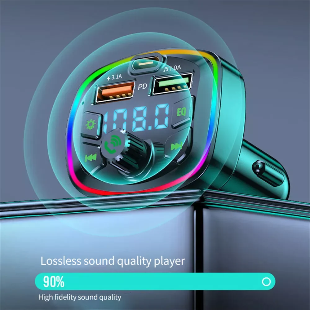 

Car Bluetooth 5.0 Charger FM Transmitter PD 18W Type-C Dual USB 4.2A Colorful Ambient Light Cigarette lighter MP3 Music Player