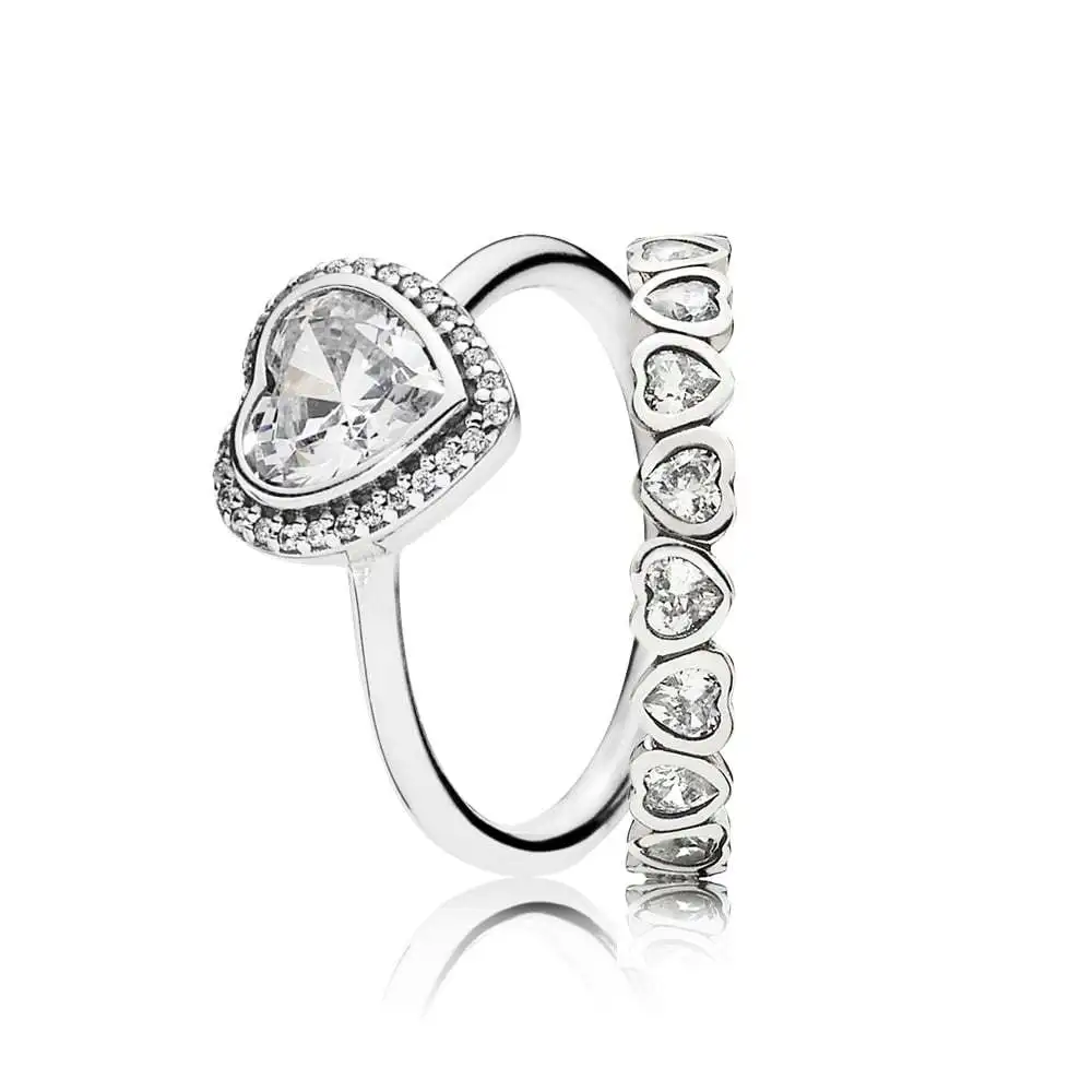 

925 Sterling Silver Stunning Sparkling Hearts Rings Stack Set Fashion Pandora Style Jewelry Set For Women