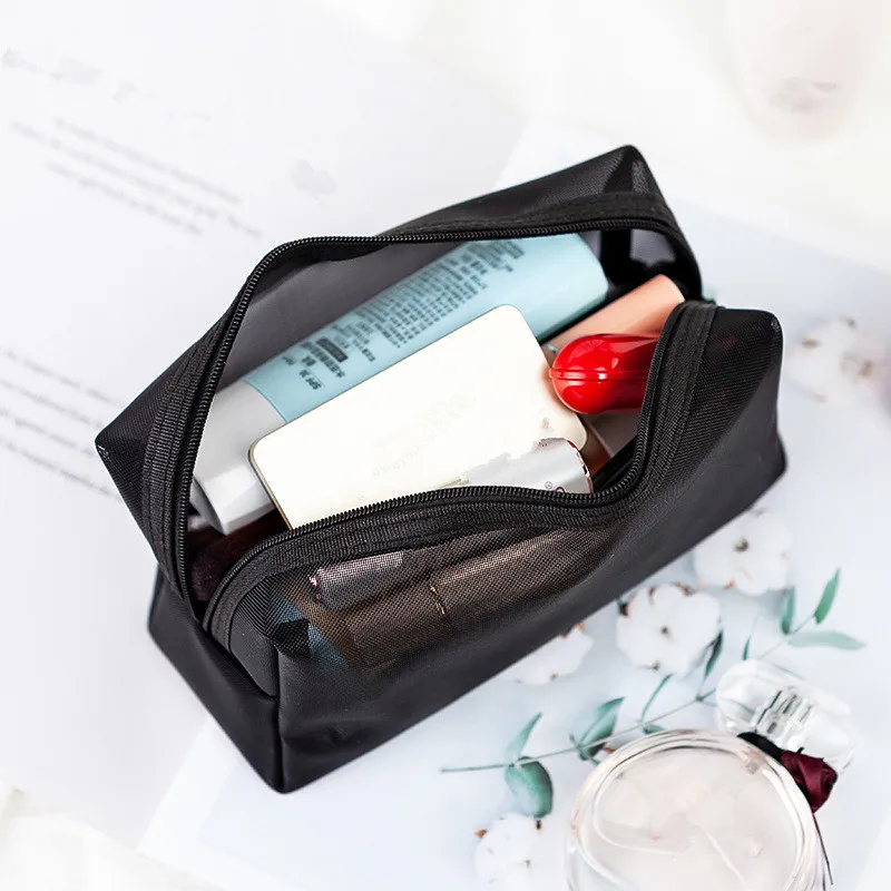 1PCS Women Necessary Cosmetic Bag Transparent Mesh Zipper Organizer Fashion Small Large Black Toiletry Bags Makeup Pouch Case images - 6