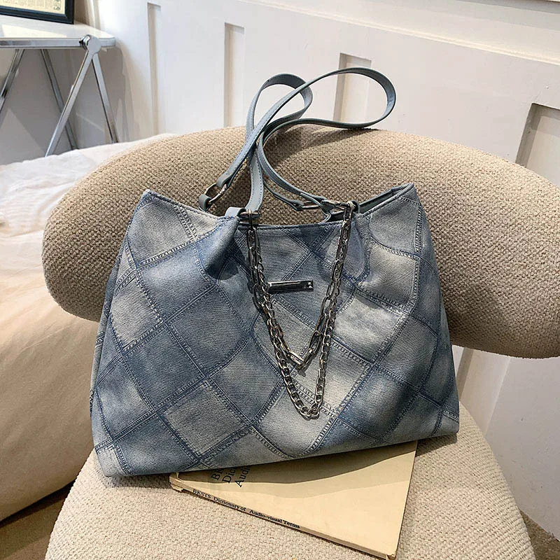 

Big Denim Tote Bags for Women Casual Satchel 2023 Fashion Designer Large Capacity Shoulder Side Bag Female Travel Chain Handbags
