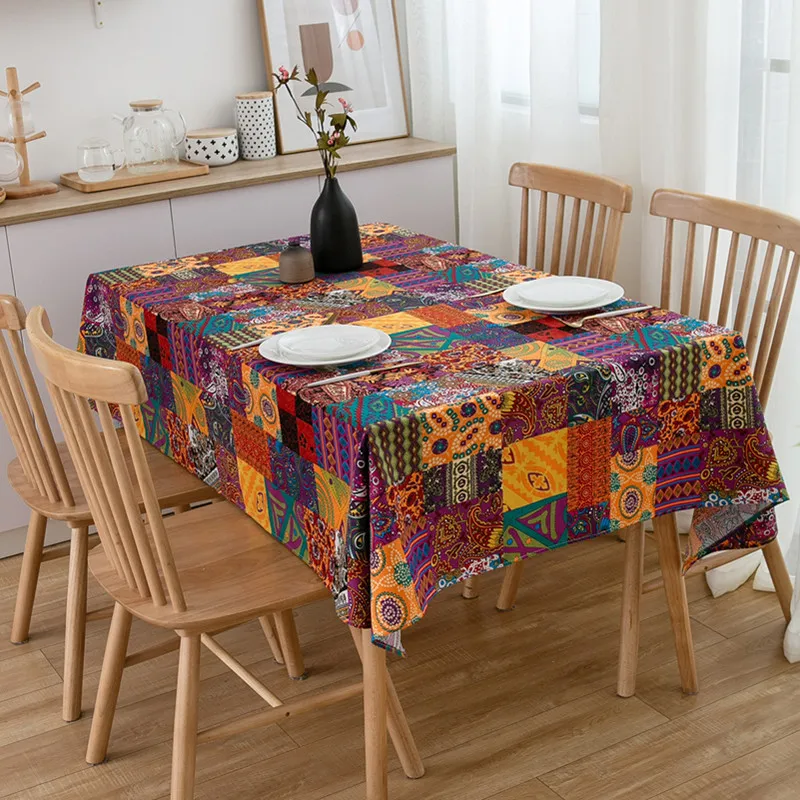 

Bohemian Ethnic Style Cotton Linen Tablecloth Color Puzzle Rectangular Printing Tablecloth Tablecloth Bedside Table Cover Cloth