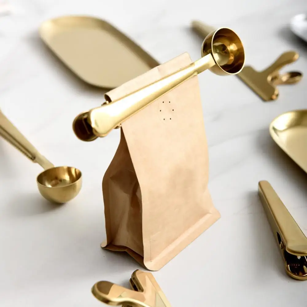 

Two-in-one Stainless Steel Coffee Spoon Sealing Clip Kitchen Gold Accessories Recipient Cafe Home Decoration Kitchen Tools