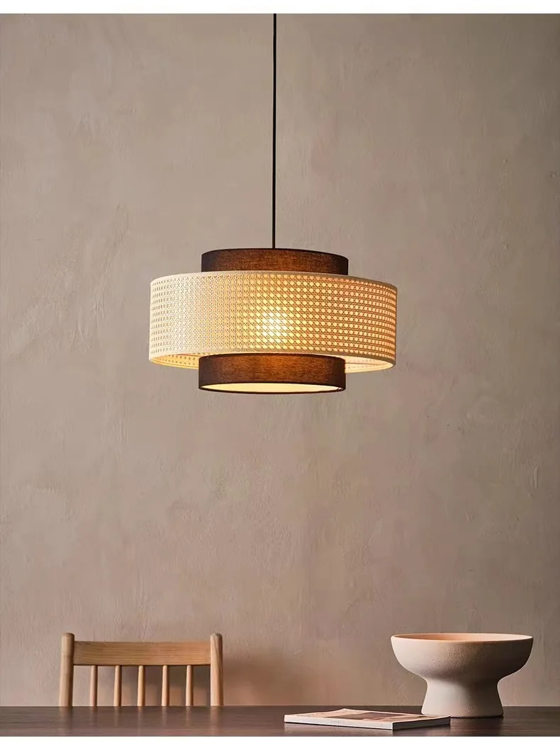 

E27 Japanese Style Chandelier Retro Living Room Restaurant Rattan Pendant Lamp