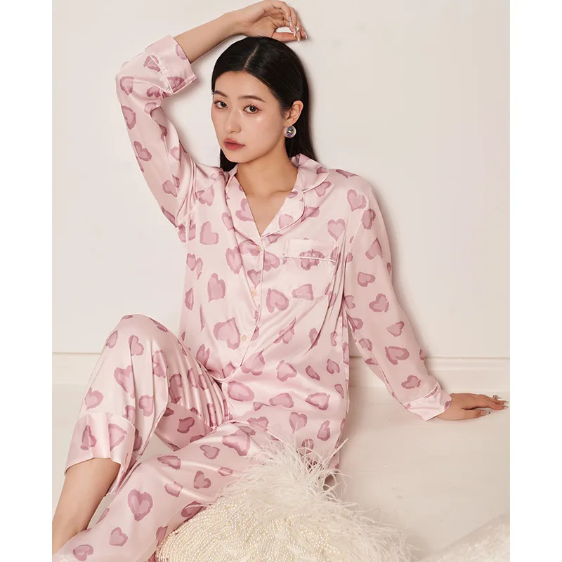 2023 New Arrival Spring and Autumn Peach Heart Sweet Ice Silk Pajamas Women's Long-Sleeved French Style Outerwear Home