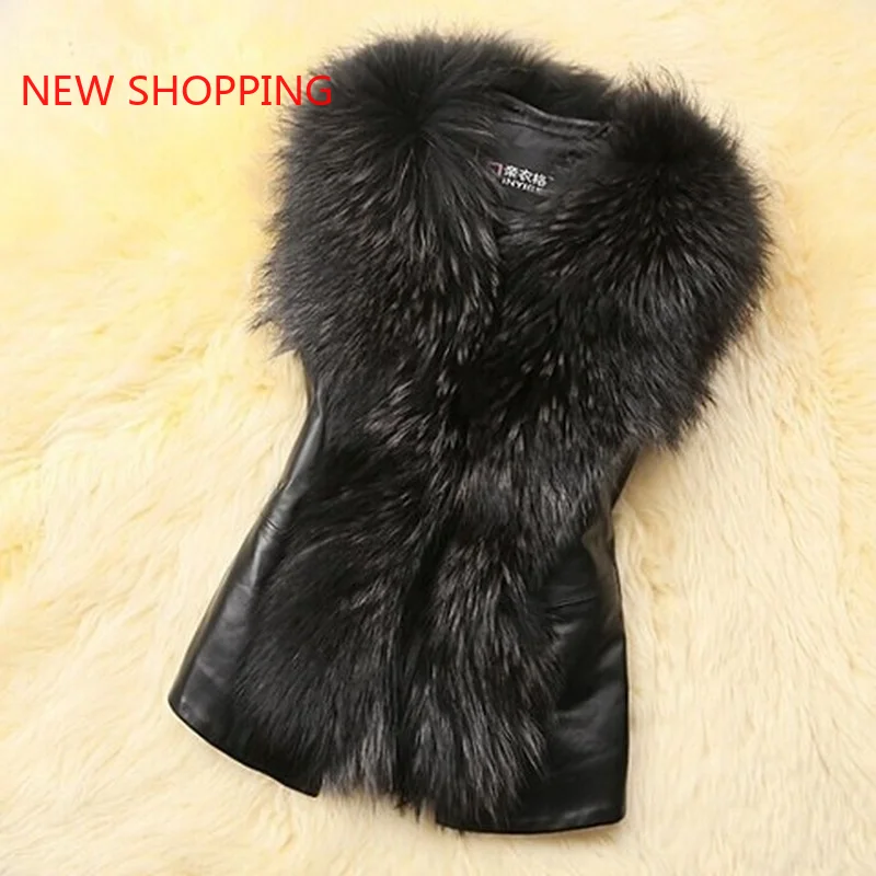 2023 Autumn Winter Faux Fur Fashion Warm Women's Winter Jacket Imitation Raccoon Hair Leather Patchwork Sleeveless Vest Jackets