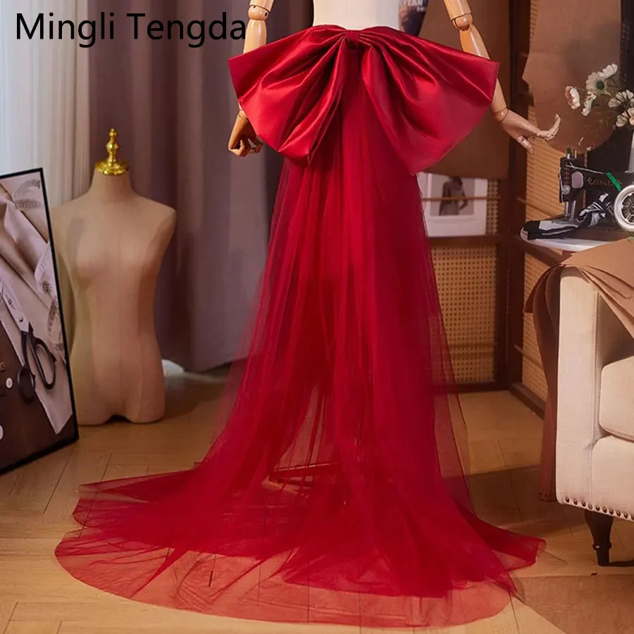 Фото Mingli Tegnda красный бант ручной работы с большим тюлевым шлейфом, свадебные аксессуары, высококачественный свадебный пояс, аксессуары для невесты, декоративные №1