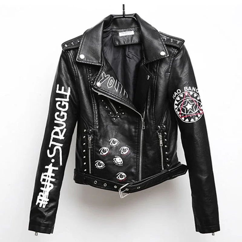 

Pu Women Printed Letters Leather Biker Moto Faux Jacket Female Pattern Black Rivet Hip Hop Short Zipper Coat PY21