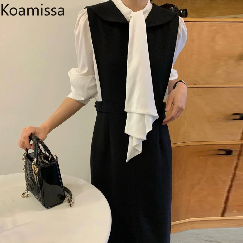 

Женский офисный костюм Koamissa, из двух предметов, черная блузка с длинным рукавом и платье на бретелях в Корейском стиле, весна 2022