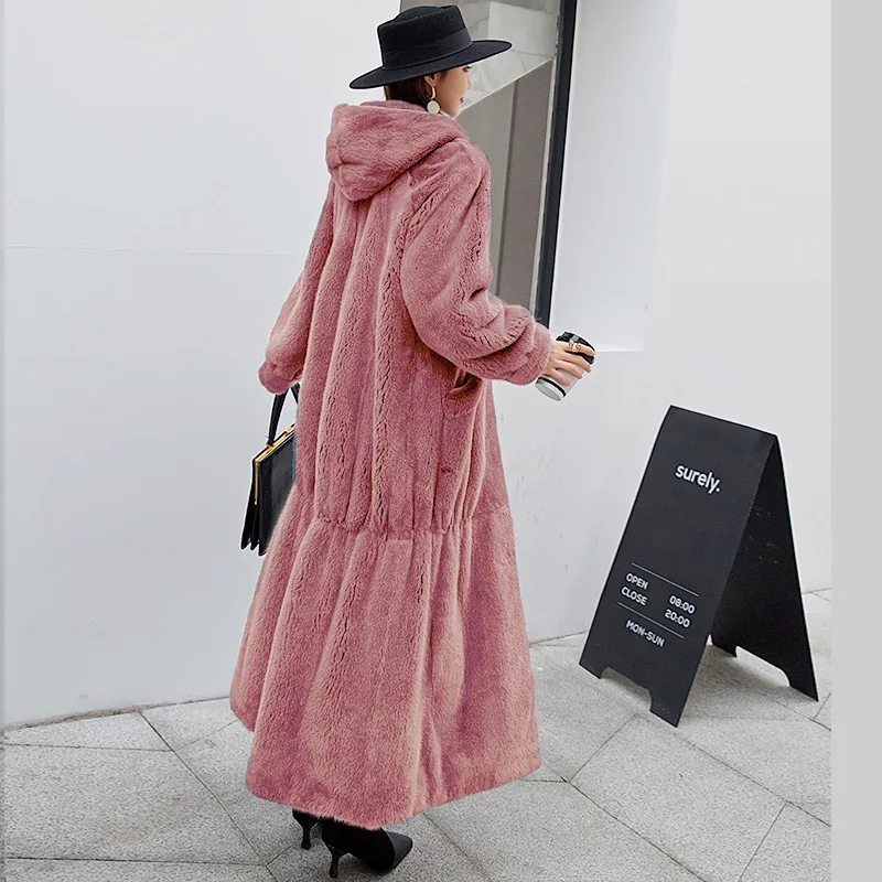 2022 winter new casual temperament European and American loose real rex rabbit fur coat women's hooded long coat trendy