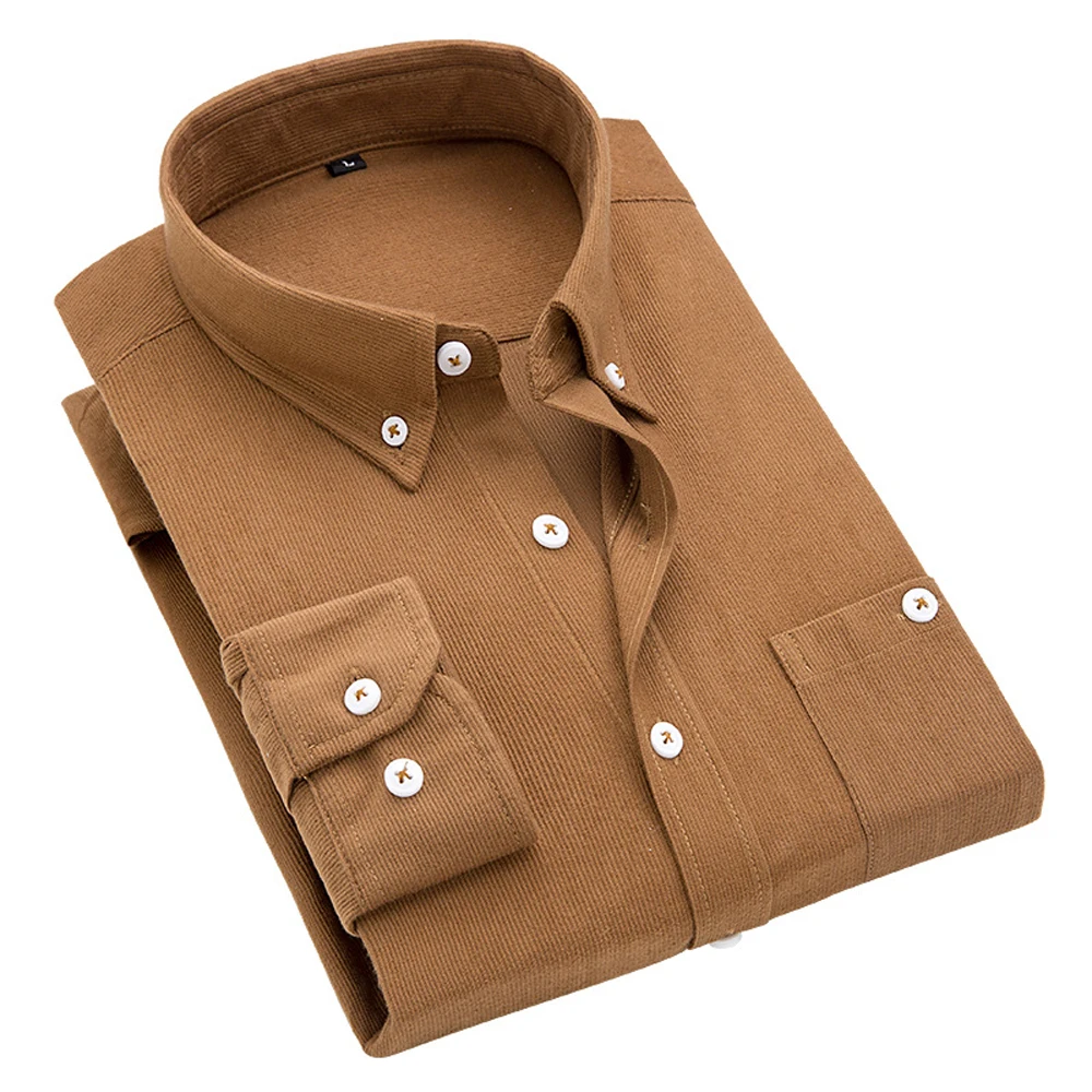 

1 шт. однобортная Мужская рубашка однотонная Вельветовая деловая Повседневная модная мужская рубашка с длинным рукавом карманом на пуговицах