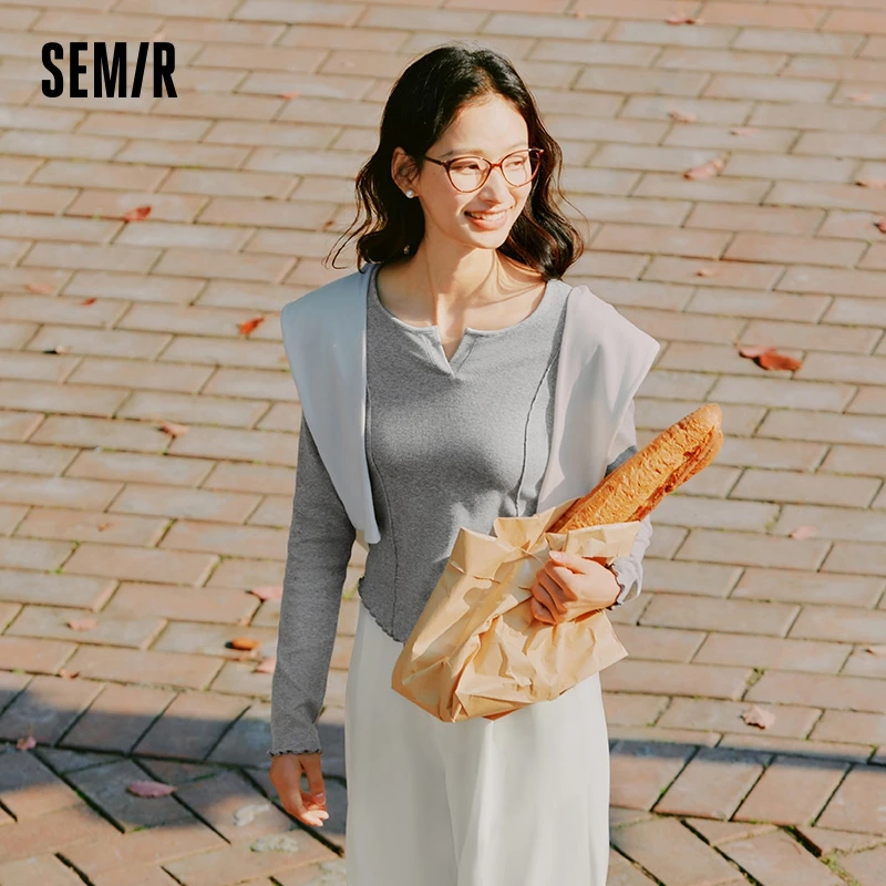 Фото Semir однотонная женская футболка с длинным рукавом, новинка весны 2025 года, свободный универсальный топ №3