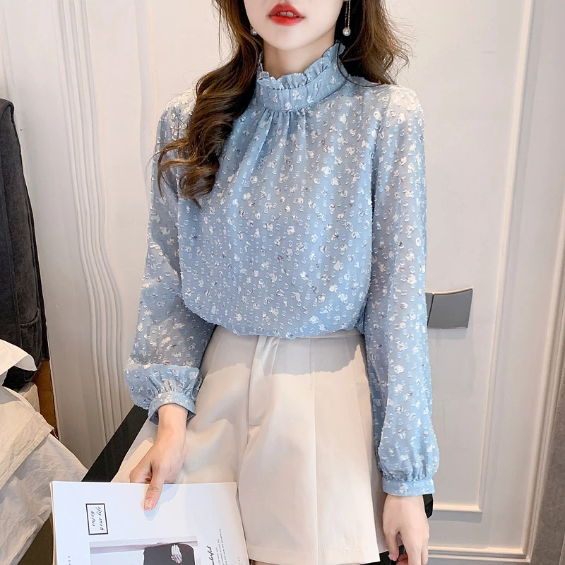 

Шифоновые женские блузки, летняя рубашка с принтом, Свободный Топ с длинным рукавом и круглым вырезом, модная повседневная женская одежда