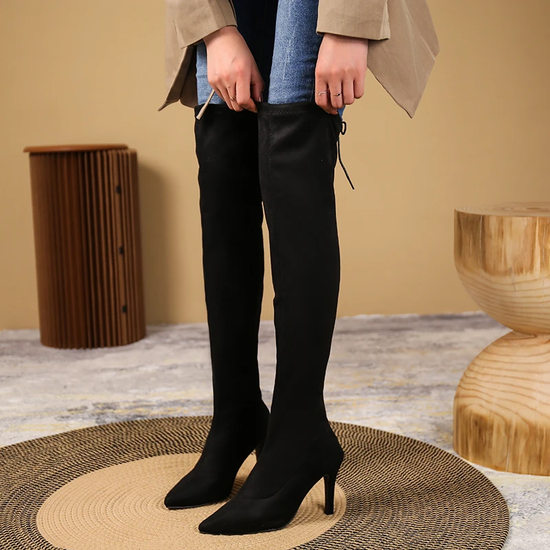 Женские модные хлопковые сапоги на тонком каблуке новые зимние замшевые до