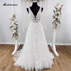 Свадебное платье в богемном стиле с цветочным кружевом 2022, прозрачный кружевной лиф с V-образным вырезом, пляжные свадебные платья принцессы, свадебные платья