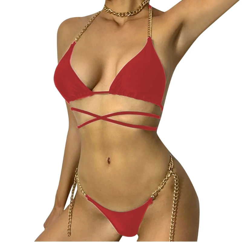 

Women Bikinis Set Lacing Solid Color Swimwear Thong Swimsuits Sexy Small Chest Gathered Bathing Suit Wrap Swimming Suits