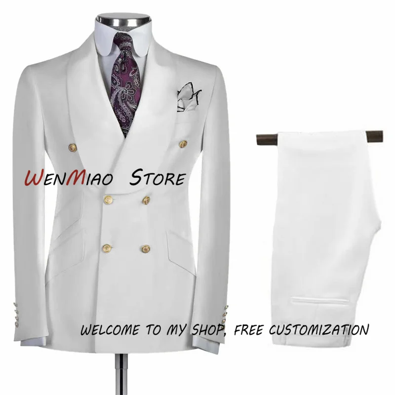 White Double Breasted Suit for Men's Blazer Wedding Groom Tuxedo Formal Blazer Pants 2 Piece Male Slim Fit Outfit
