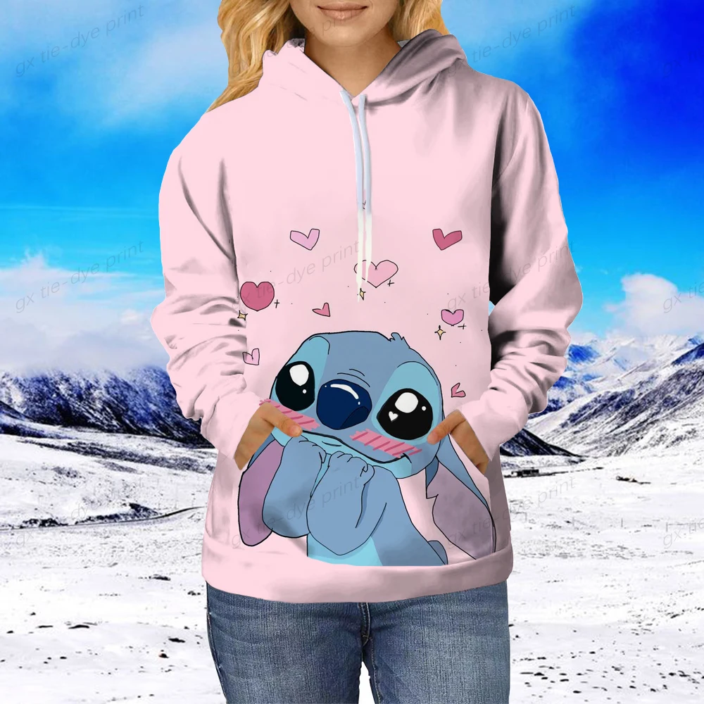 

2022 Autumn Women New Disney Stitch Print Sweatshirt Ladies O Neck Long Sleeve Casual Pocket Loose Hoodie Streetwear Pullover